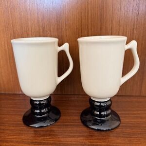 Vintage MCM Hall China 1272 Irish Coffee Mugs Set‎ of 2 Cream Black Pedestal USA